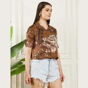 Women's Cotton Regular Fit Shirt Brown Paisley Print T-Shirts - Image 4
