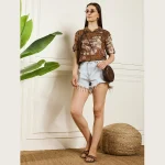 Women's Cotton Regular Fit Shirt Brown Paisley Print T-Shirts - Image 6