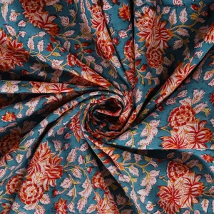Blue Floral Hand Block Print Cotton Fabric - Image 3