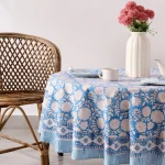 Blue Hand Block Floral Print Cotton Table Cover With Napkins - Image 2