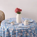 Blue Hand Block Floral Print Cotton Table Cover With Napkins - Image 4