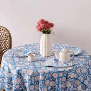 Blue Hand Block Floral Print Cotton Table Cover With Napkins - Image 4
