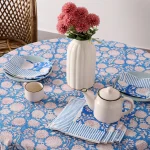 Blue Hand Block Floral Print Cotton Table Cover With Napkins - Image 5