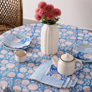 Blue Hand Block Floral Print Cotton Table Cover With Napkins - Image 5