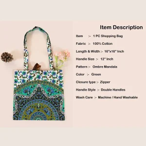 Green Ombre Mandala Printed Cotton Handbag - Image 6