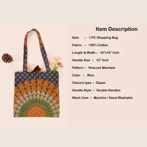 Handmade Peacock Mandala Print Cotton Shopping Bag - Image 6