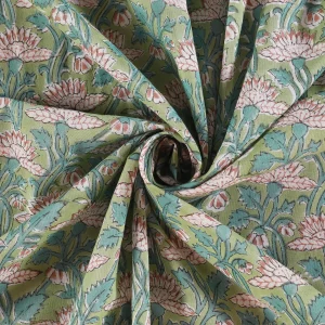 Indian Handmade Block Print Cotton Fabric Green Floral - Image 3