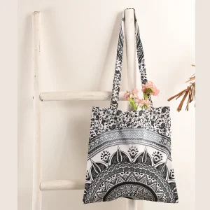 Retro Black Ombre Mandala Cotton Tote Shopping Purse - Image 4
