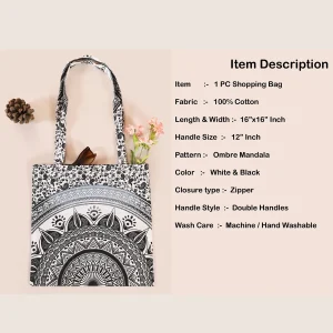 Retro Black Ombre Mandala Cotton Tote Shopping Purse - Image 6