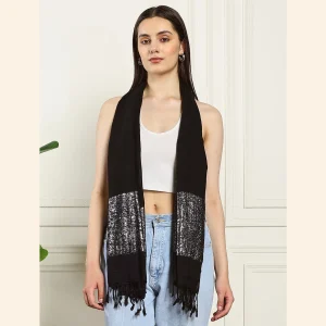 Women Black Wrap Scarf, Viscose Zari Work Scarves - Image 3