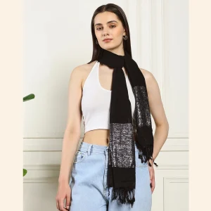Women Black Wrap Scarf, Viscose Zari Work Scarves - Image 4