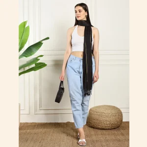 Women's Oversize Black Viscose Zari Scarf - Image 6