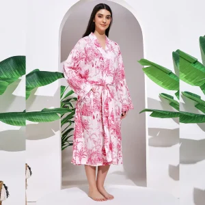 Beautiful Pink Forest Print Cotton Robe Dress - Image 4