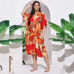 Beautiful Red Leaf Print Pure Cotton Caftan - Image 4