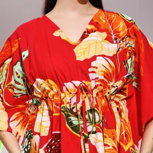 Beautiful Red Leaf Print Pure Cotton Caftan - Image 6