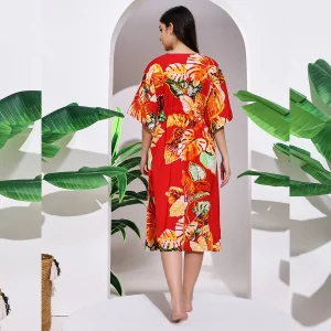 Beautiful Red Leaf Print Pure Cotton Caftan - Image 5