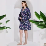 Blue Floral Print Women Beach Wear Short Bathrobe Dress - Image 4