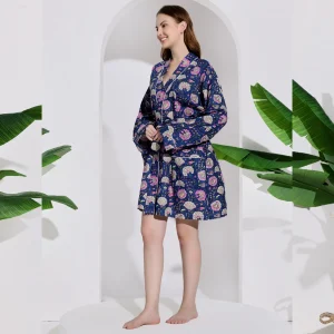 Blue Floral Print Women Beach Wear Short Bathrobe Dress - Image 4