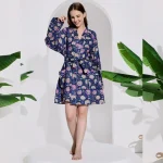 Blue Floral Print Women Beach Wear Short Bathrobe Dress - Image 2