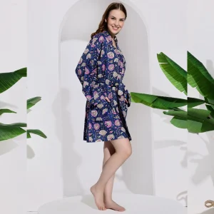 Blue Floral Print Women Beach Wear Short Bathrobe Dress - Image 5