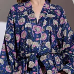Blue Floral Print Women Beach Wear Short Bathrobe Dress - Image 7