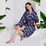 Blue Floral Print Women Beach Wear Short Bathrobe Dress