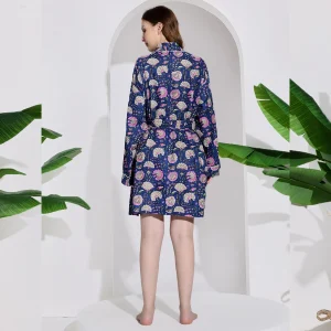 Blue Floral Print Women Beach Wear Short Bathrobe Dress - Image 6