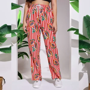 Casual Red Papaya Print Women Cotton Trousers - Image 4
