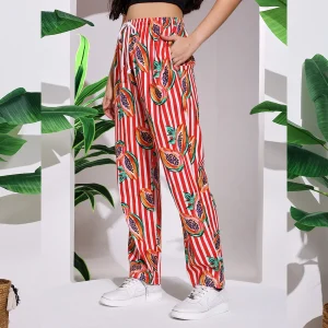 Casual Red Papaya Print Women Cotton Trousers - Image 5