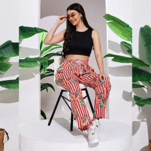 Casual Red Papaya Print Women Cotton Trousers - Image 2