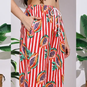 Casual Red Papaya Print Women Cotton Trousers - Image 7