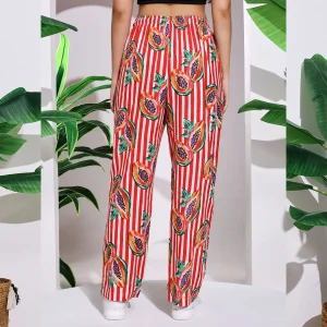Casual Red Papaya Print Women Cotton Trousers - Image 8