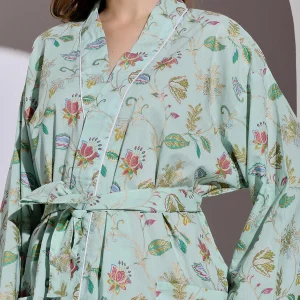 Green Floral Print Bridal Short Bathrobe Dress - Image 7