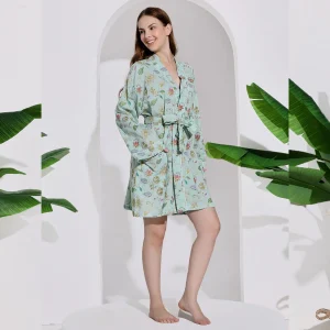 Green Floral Print Bridal Short Bathrobe Dress - Image 4