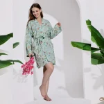 Green Floral Print Bridal Short Bathrobe Dress