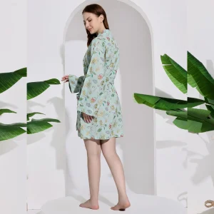 Green Floral Print Bridal Short Bathrobe Dress - Image 6