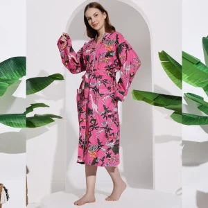 Handmade Animal Printed Pink Color Women Kimono Robe - Image 4