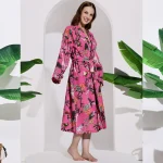 Handmade Animal Printed Pink Color Women Kimono Robe - Image 5