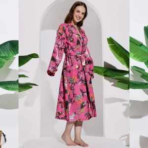 Handmade Animal Printed Pink Color Women Kimono Robe - Image 5