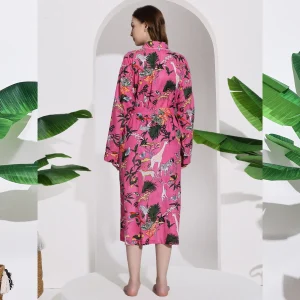 Handmade Animal Printed Pink Color Women Kimono Robe - Image 6