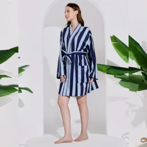 Luxury Blue Striped Print Cotton Fabric Bath Robe Dress - Image 4