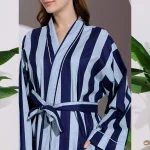 Luxury Blue Striped Print Cotton Fabric Bath Robe Dress - Image 7