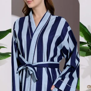 Luxury Blue Striped Print Cotton Fabric Bath Robe Dress - Image 7