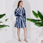 Luxury Blue Striped Print Cotton Fabric Bath Robe Dress - Image 5