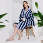Luxury Blue Striped Print Cotton Fabric Bath Robe Dress