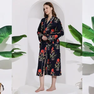 Navy Blue Floral Print Kimono Robe Dress - Image 4