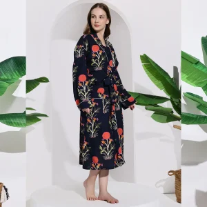 Navy Blue Floral Print Kimono Robe Dress - Image 5