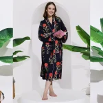 Navy Blue Floral Print Kimono Robe Dress