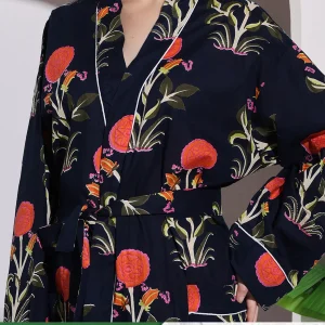 Navy Blue Floral Print Kimono Robe Dress - Image 7