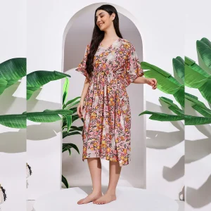 Pink Eagle Print Short Kaftan Women's Cotton Dress - Image 4